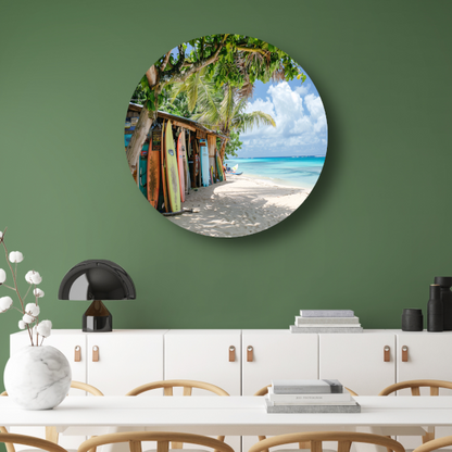 Eclectische Surfshop aan het Tropische Strand aluminium muurcirkel