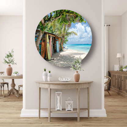 Eclectische Surfshop aan het Tropische Strand aluminium muurcirkel
