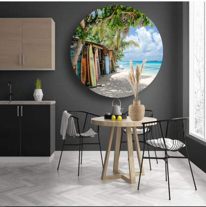 Eclectische Surfshop aan het Tropische Strand aluminium muurcirkel