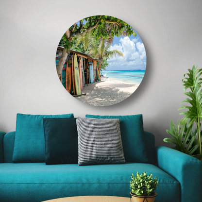 Eclectische Surfshop aan het Tropische Strand aluminium muurcirkel