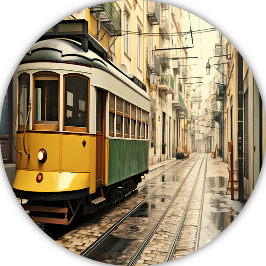 Gele tram op minimalistische rails aluminium muurcirkel