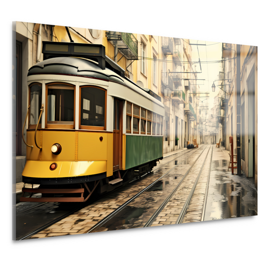 Gele tram op minimalistische rails acrylglas