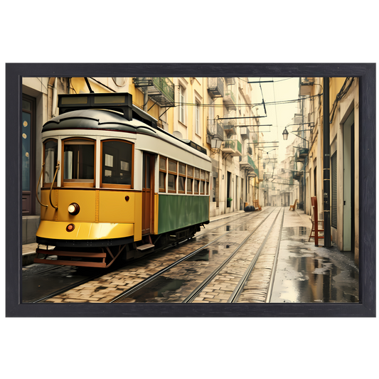 Gele tram op minimalistische rails canvas met baklijst