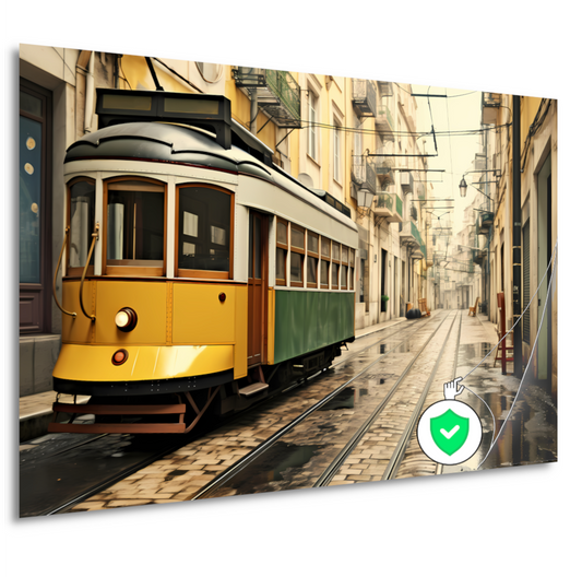 Gele tram op minimalistische rails poster