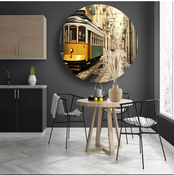 Gele tram op minimalistische rails aluminium muurcirkel