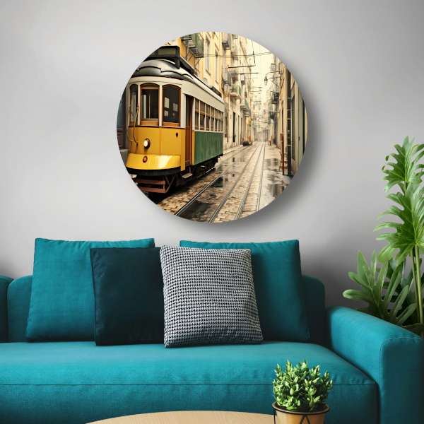Gele tram op minimalistische rails aluminium muurcirkel