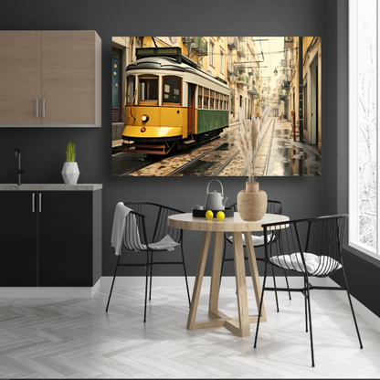 Gele tram op minimalistische rails acrylglas