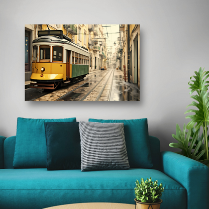 Gele tram op minimalistische rails acrylglas