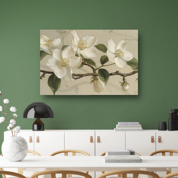 Witte bloemen op tak tegen beige achtergrond canvas