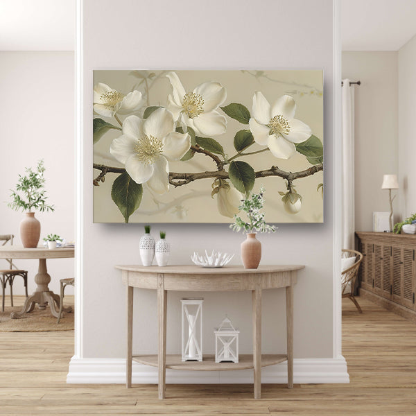 Witte bloemen op tak tegen beige achtergrond canvas