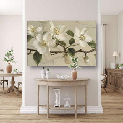 Witte bloemen op tak tegen beige achtergrond poster