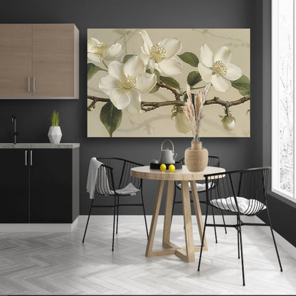 Witte bloemen op tak tegen beige achtergrond canvas