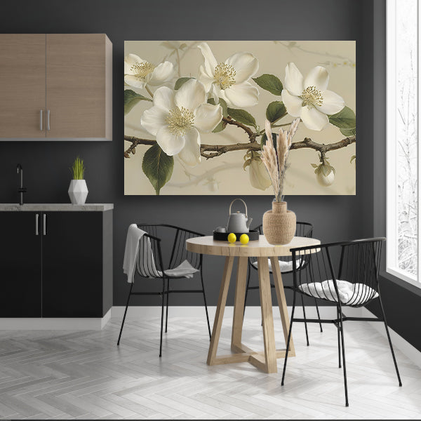 Witte bloemen op tak tegen beige achtergrond poster