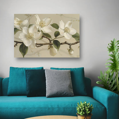 Witte bloemen op tak tegen beige achtergrond canvas