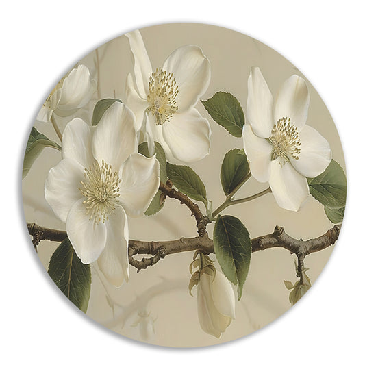 Witte bloemen op tak tegen beige achtergrond aluminium muurcirkel