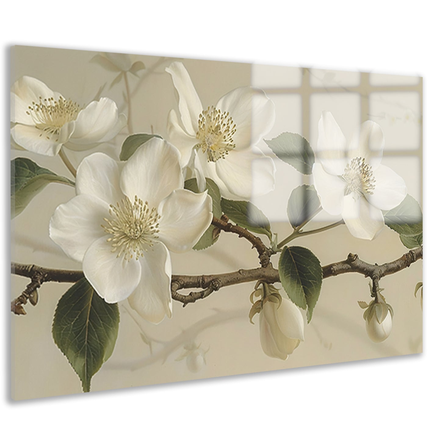 Witte bloemen op tak tegen beige achtergrond acrylglas