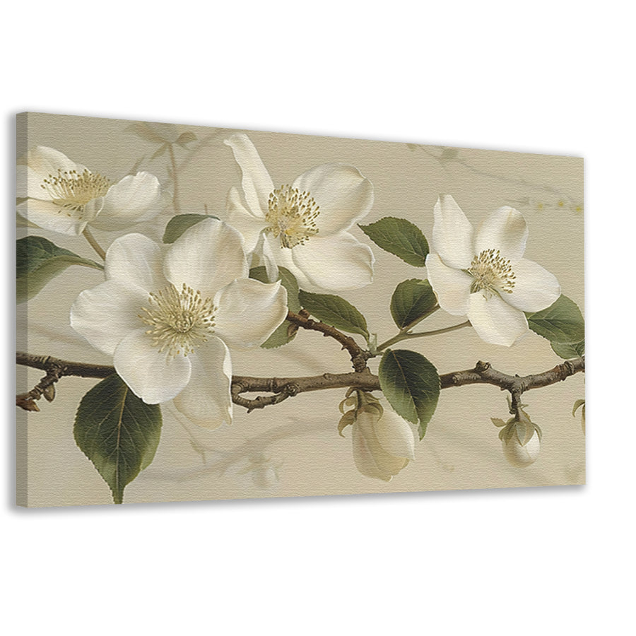 Witte bloemen op tak tegen beige achtergrond canvas