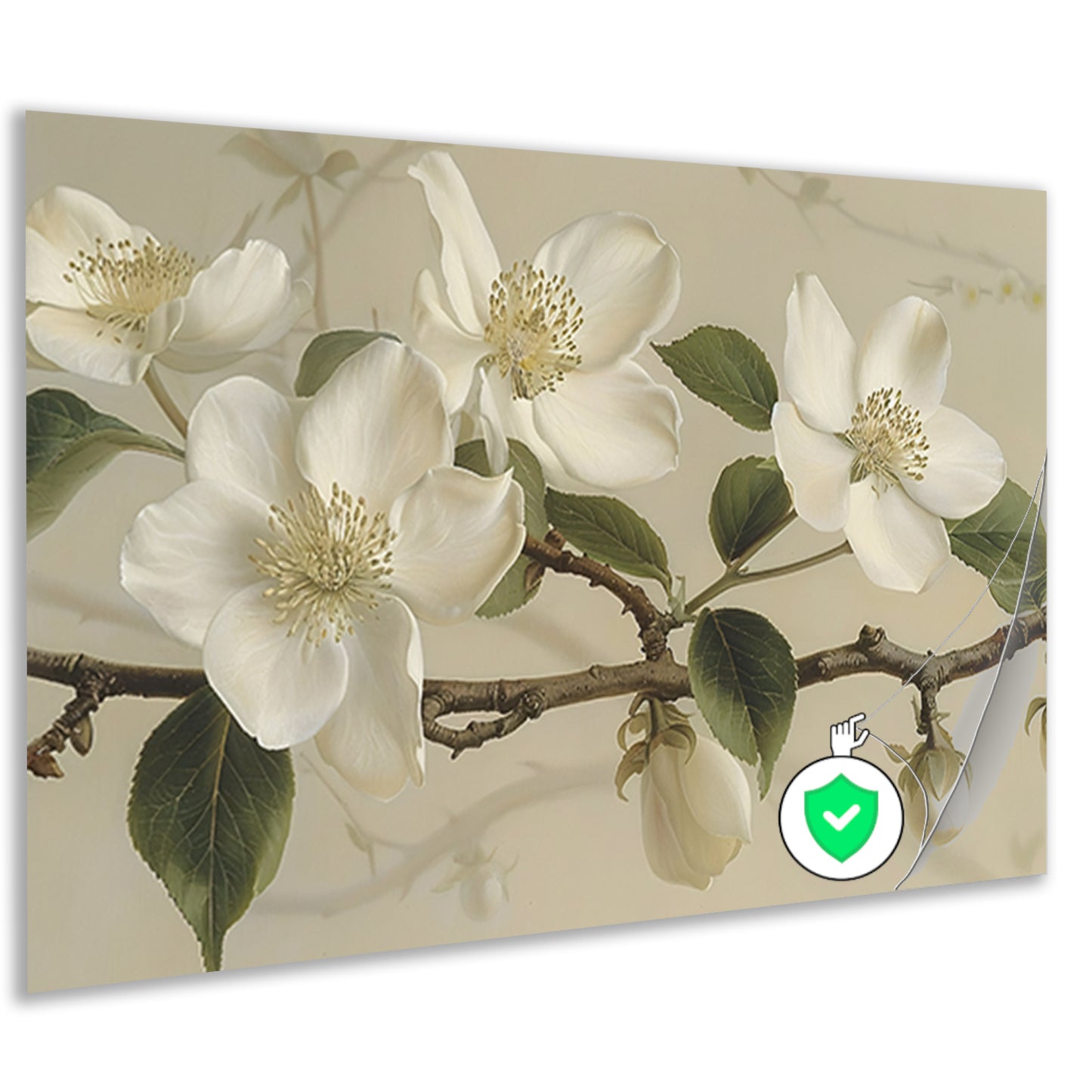 Witte bloemen op tak tegen beige achtergrond poster