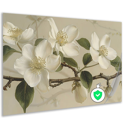 Witte bloemen op tak tegen beige achtergrond poster