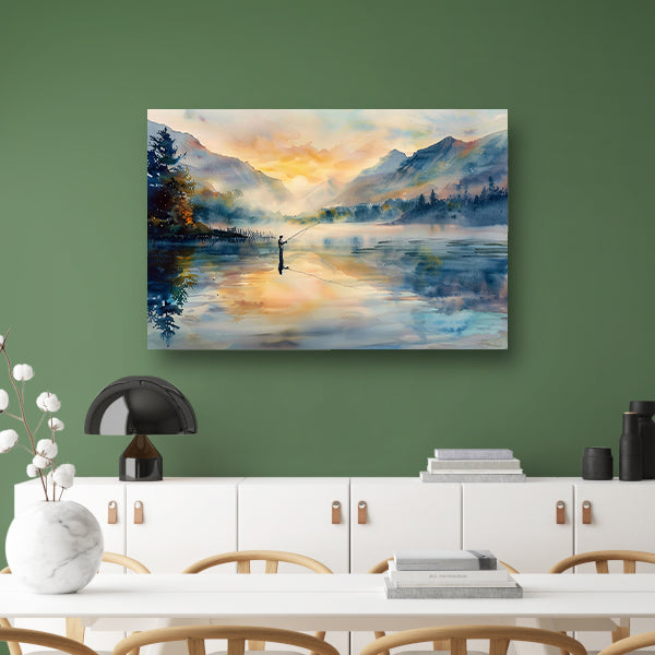 Vissersfiguur bij mistige bergmeer zonsopgang   poster