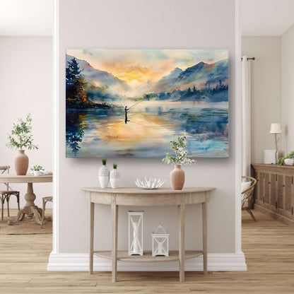 Vissersfiguur bij mistige bergmeer zonsopgang   poster