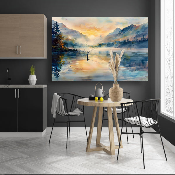 Vissersfiguur bij mistige bergmeer zonsopgang   poster