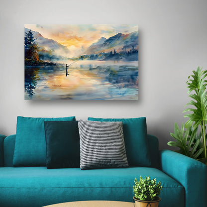 Vissersfiguur bij mistige bergmeer zonsopgang   poster