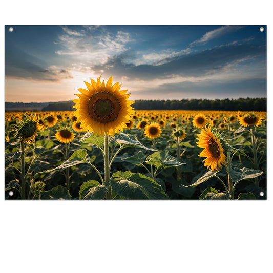 Veld vol zonnebloemen bij zonsondergang tuinposter