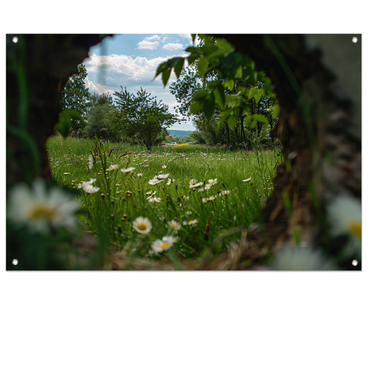 Natuurlijke opening naar bloemenveld tuinposter