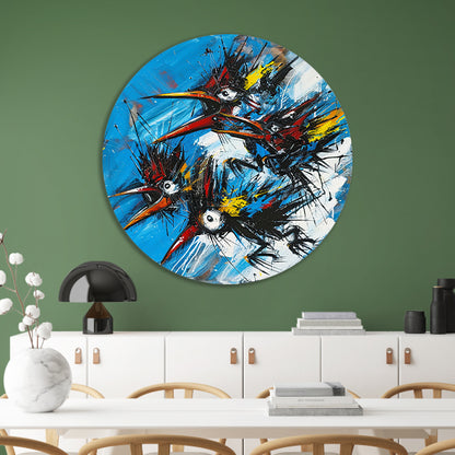 Abstracte Vogels in Kleurrijke Chaos aluminium muurcirkel