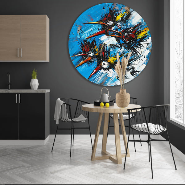 Abstracte Vogels in Kleurrijke Chaos aluminium muurcirkel