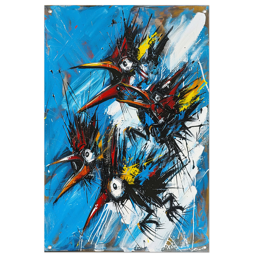 Abstracte Vogels in Kleurrijke Chaos tuinposter