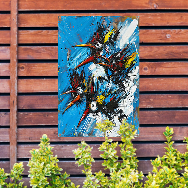 Abstracte Vogels in Kleurrijke Chaos tuinposter