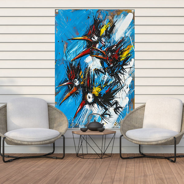 Abstracte Vogels in Kleurrijke Chaos tuinposter