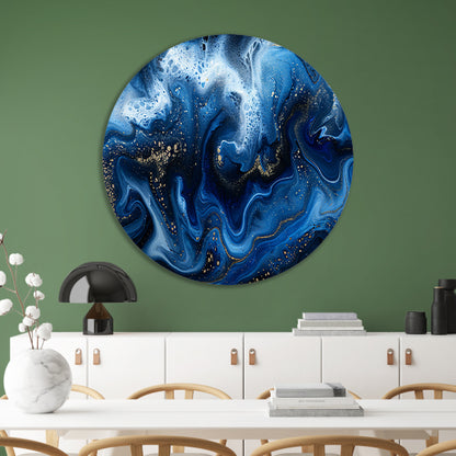 Abstract blauw en goud vloeibaar kunstwerk aluminium muurcirkel