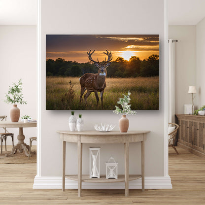 Prachtig hert bij zonsondergang in de natuur poster