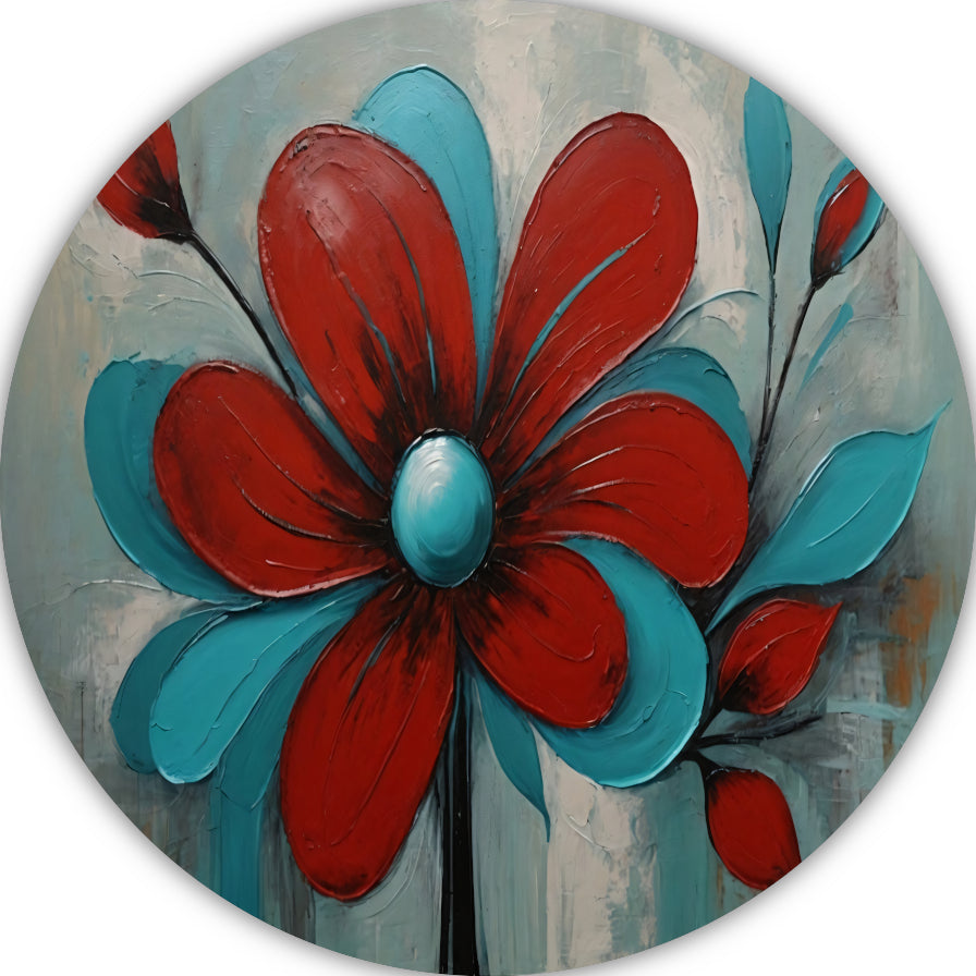 Impressie van een Rode Bloem met Turquoise Bladeren aluminium muurcirkel