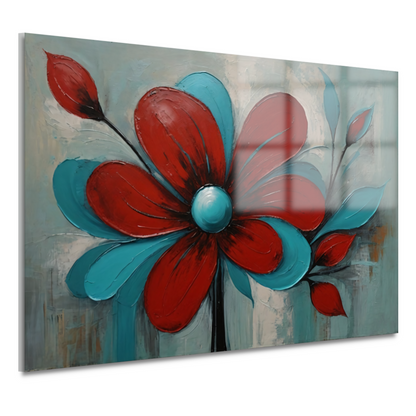 Impressie van een Rode Bloem met Turquoise Bladeren acrylglas