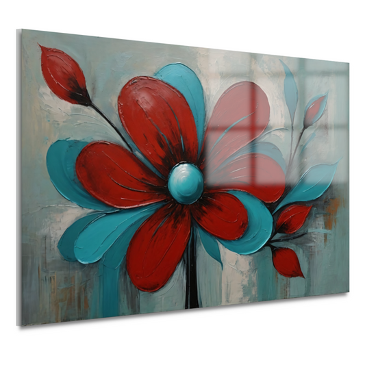 Impressie van een Rode Bloem met Turquoise Bladeren acrylglas