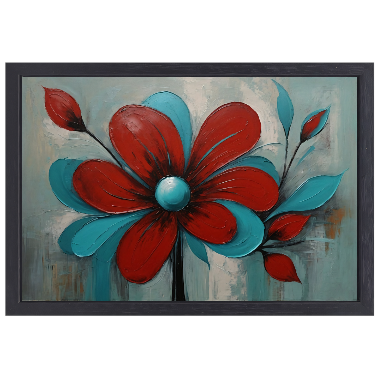 Impressie van een Rode Bloem met Turquoise Bladeren canvas met baklijst