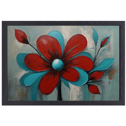 Impressie van een Rode Bloem met Turquoise Bladeren canvas met baklijst