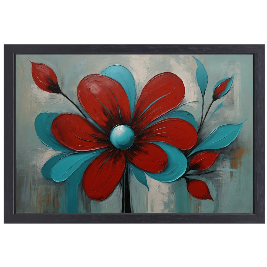 Impressie van een Rode Bloem met Turquoise Bladeren canvas met baklijst