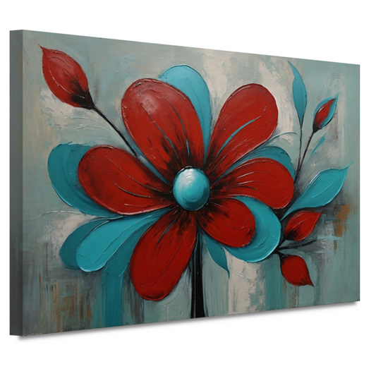 Impressie van een Rode Bloem met Turquoise Bladeren canvas