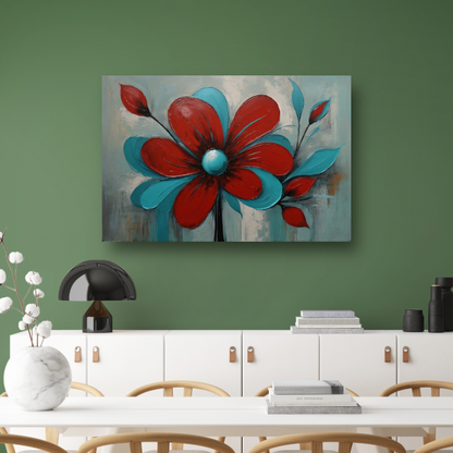 Impressie van een Rode Bloem met Turquoise Bladeren canvas