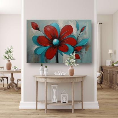 Impressie van een Rode Bloem met Turquoise Bladeren canvas