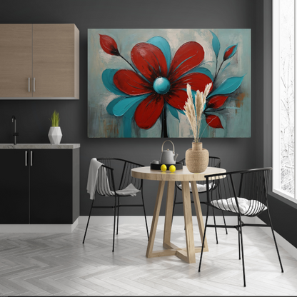 Impressie van een Rode Bloem met Turquoise Bladeren canvas