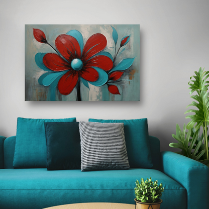 Impressie van een Rode Bloem met Turquoise Bladeren canvas