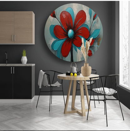 Impressie van een Rode Bloem met Turquoise Bladeren aluminium muurcirkel