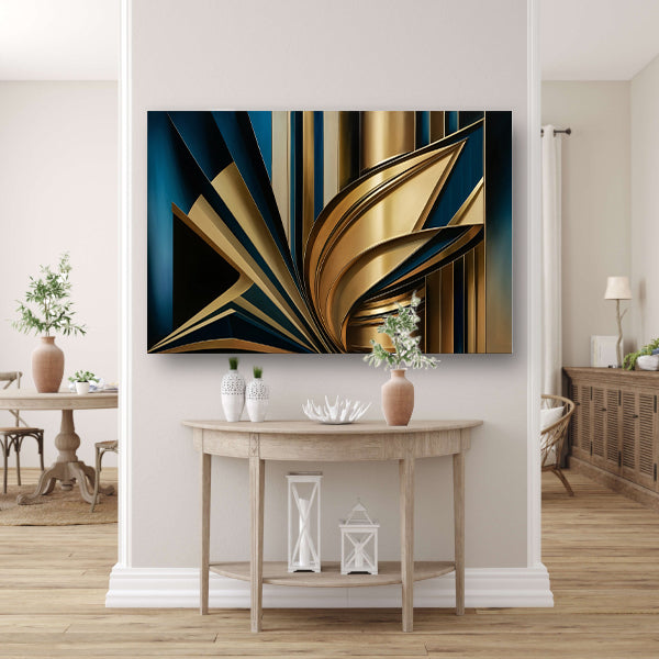 Abstracte goud-blauwe lijnen kunstwerk canvas met baklijst