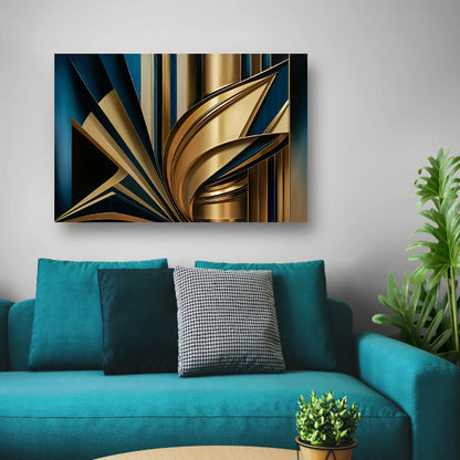 Abstracte goud-blauwe lijnen kunstwerk acrylglas